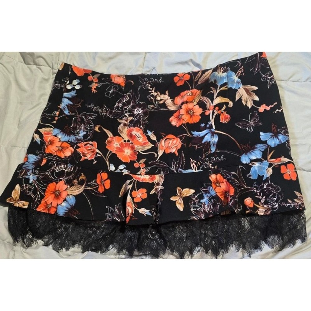 Who What Wear Floral Lace Trim Mini Skirt Black Orange Blue 24W